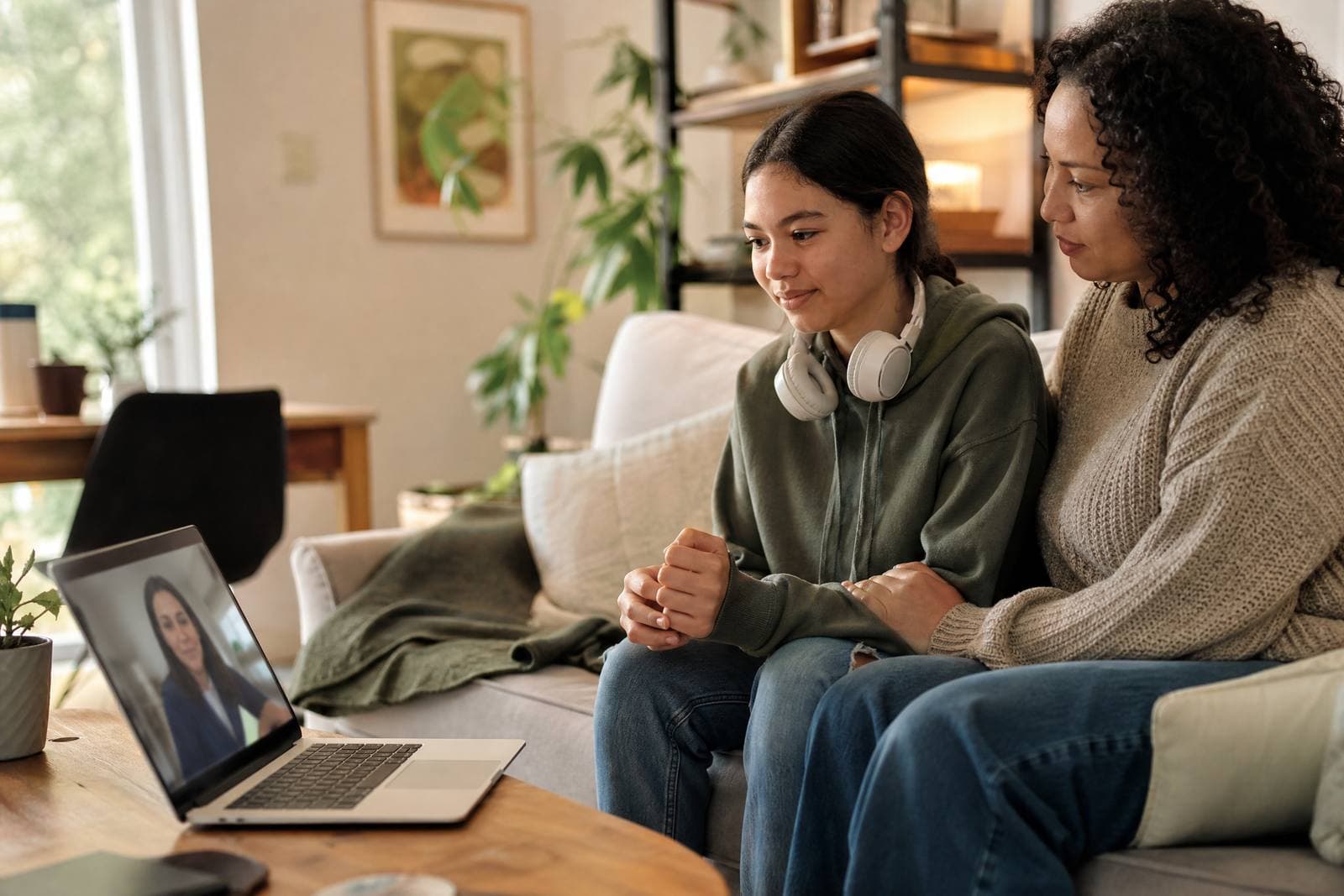 A parent and teenager together during a secure video visit